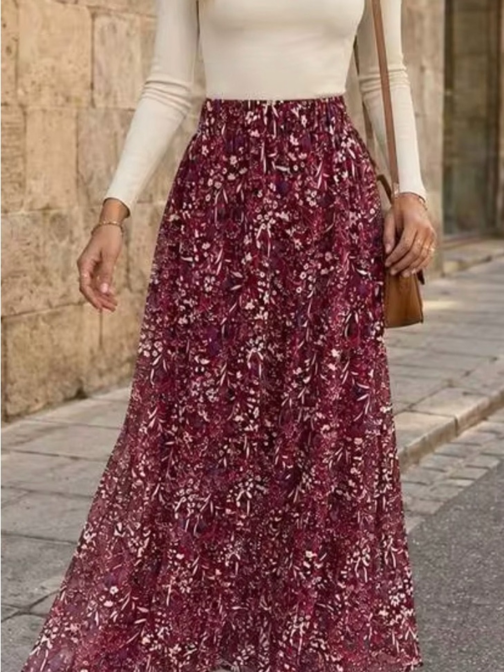 Women's Burgundy Floral Maxi Skirt